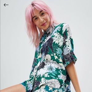 Oversized tropical print button down shirt